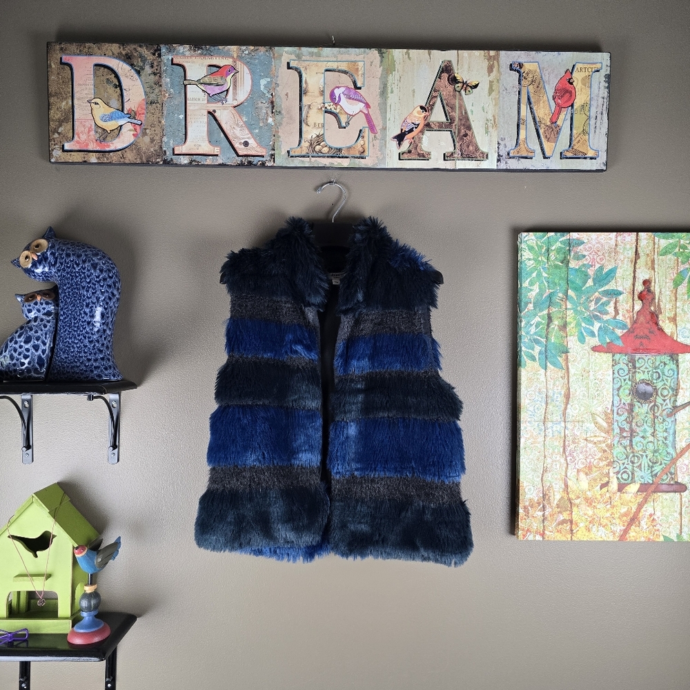 Anthropologie Black Blue Faux Fur Open Front Vest Medium